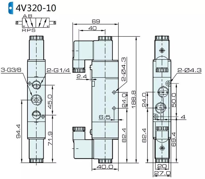 Размер пневматического клапана соленоида 4V320-08: